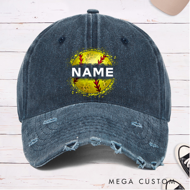 Personalized Distressed Denim Softball Cap with Custom Name and Softball Graphic Design