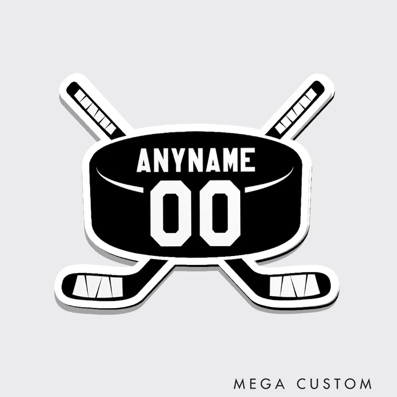 Personalized Hockey Fridge Magnet Featuring a Bold Puck and Sticks with Custom Name and Number