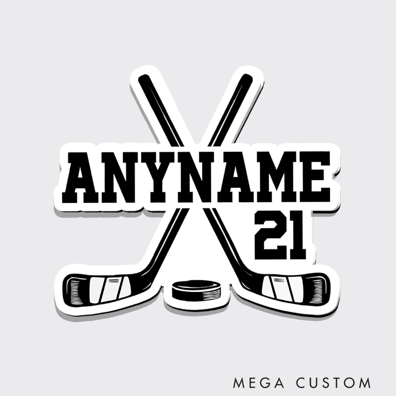 Personalized Hockey Fridge Magnet with Crossed Sticks and Custom Name and Number