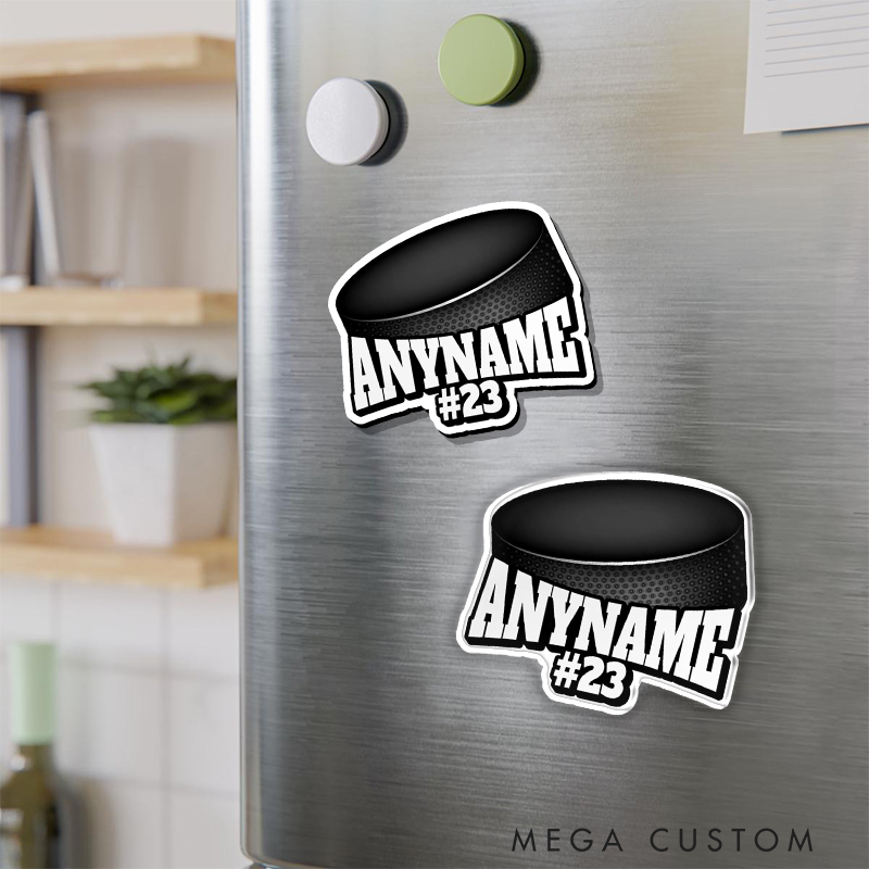 Personalized Ice Hockey Puck Fridge Magnet with Custom Name and Number