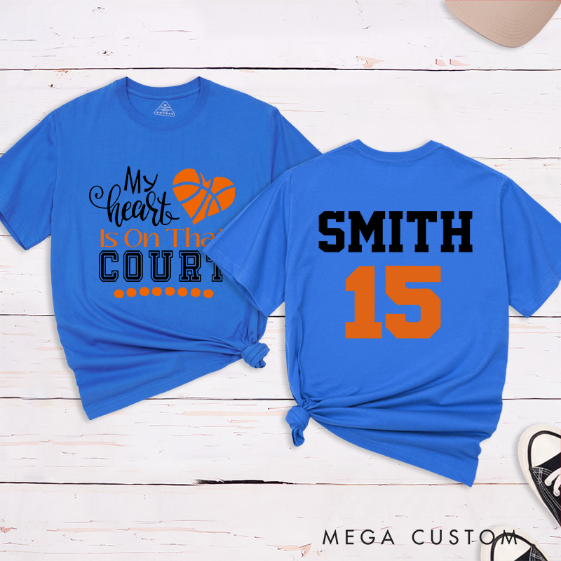 Personalized Basketball Fan T-Shirt with "My Heart is on That Court" Design Custom Name and Jersey Number