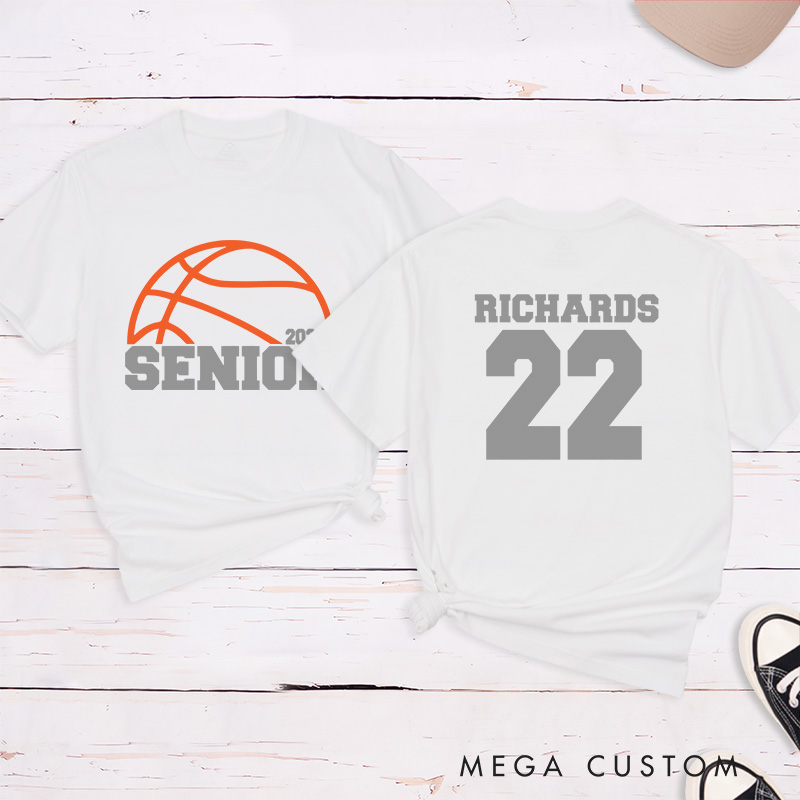 Personalized Senior Basketball T-Shirt with Custom Name, Jersey Number, Year, and School Spirit Campus Style Design
