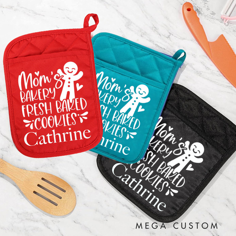 Personalized Mom's Bakery Fresh Backed Cookies Pot Holders Custom Gingerbread Man Potholder with Name Baking Lovers Gift Baker Gift