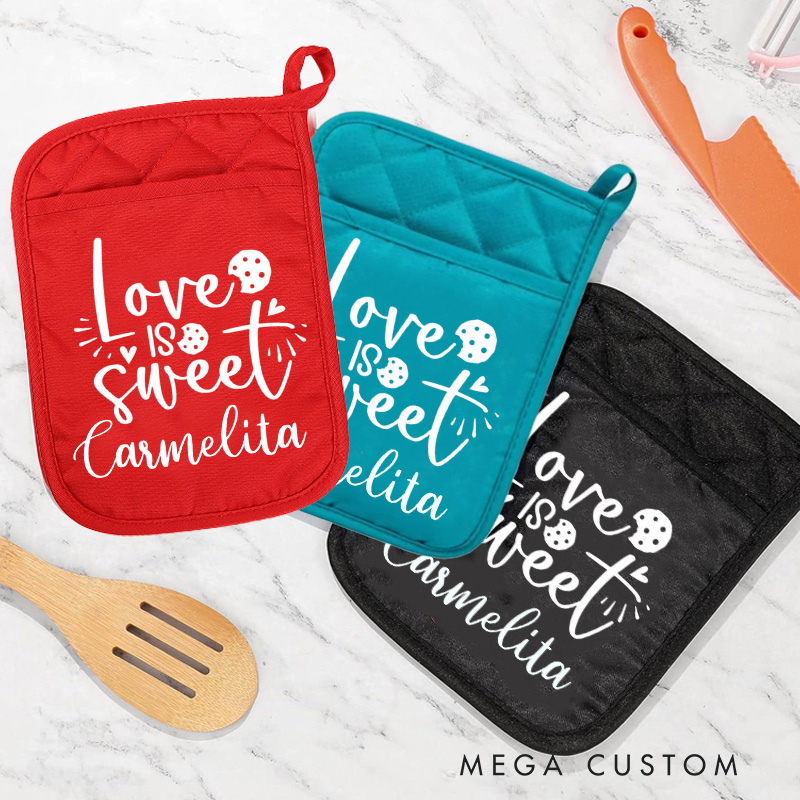 Personalized Love Is Sweet Pot Holders Custom Baking Potholder with Name Baking Lovers Gift for Baker Gift Christmas Gift