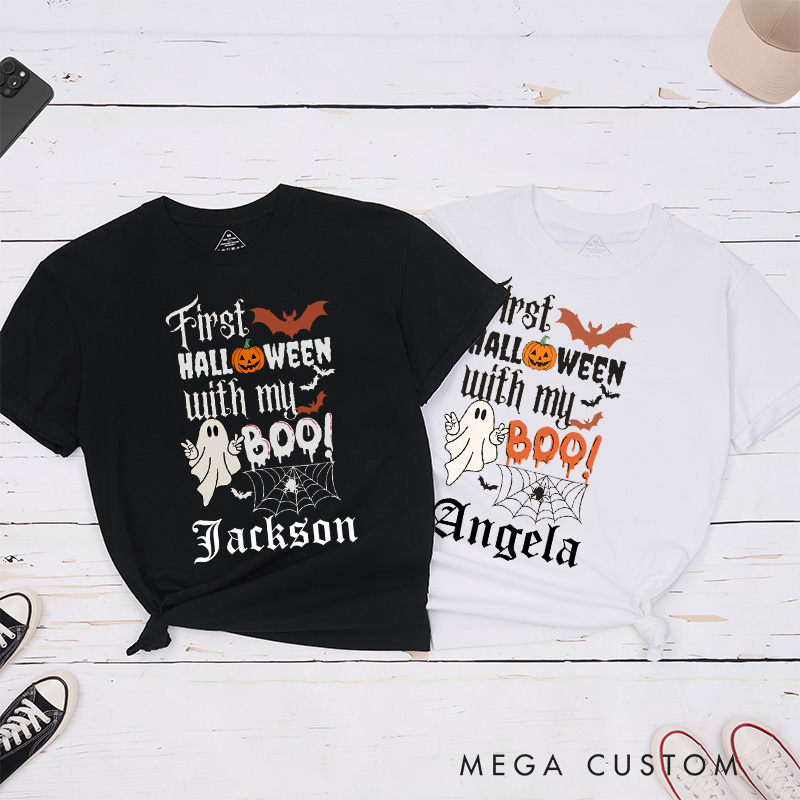 Personalized First Halloween Couple Matching T-Shirt Halloween With My Boo T-Shirt For Boyfriend and Girlfriend
