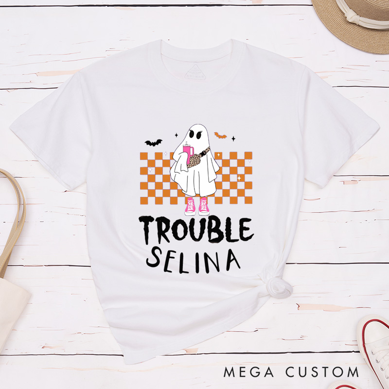 Personalized Where I Go Trouble Follows Halloween Funny Couple Matching T-Shirt Ghost Couple Halloween Shirt