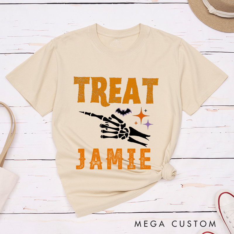 Personalized Halloween Trick Or Treat Funny Couple Matching T-Shirt Skeleton Finger Couple Shirt