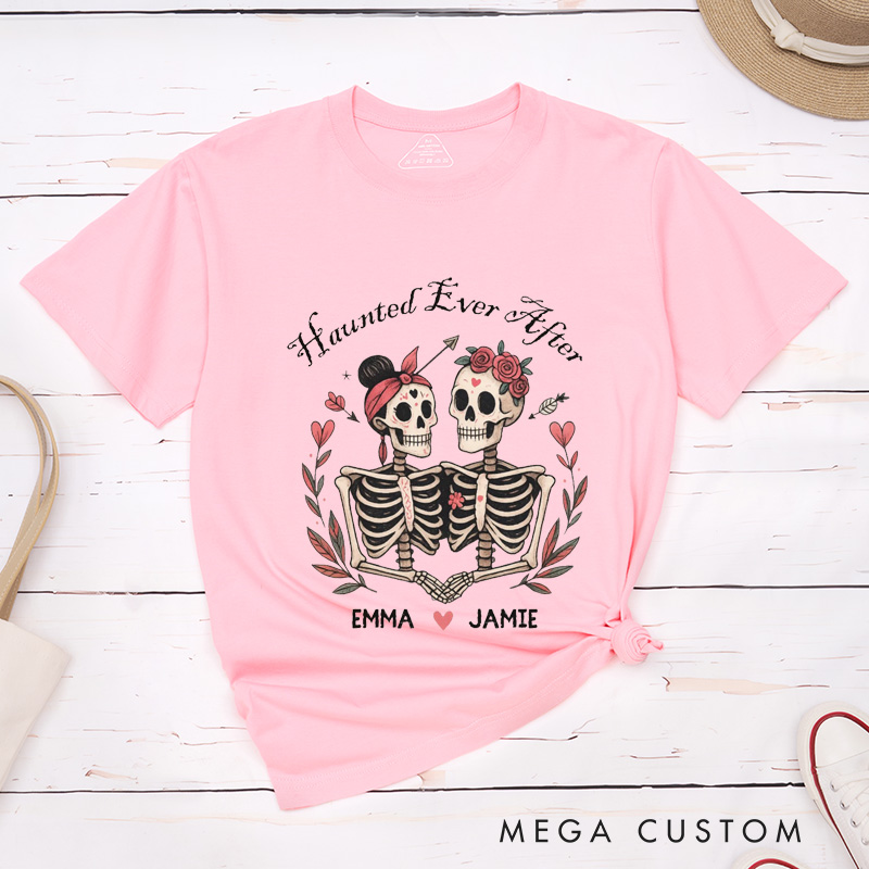 Personalized Gothic Skeleton Couple Matching Halloween T-Shirt Funny Haunted Ever After Shirt for Couple