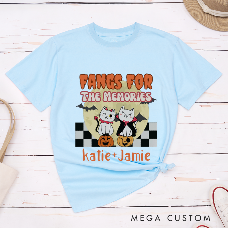 Personalized It was Love at First Bite and Fangs for the Memories Cat Design Couple Matching Halloween T-Shirt