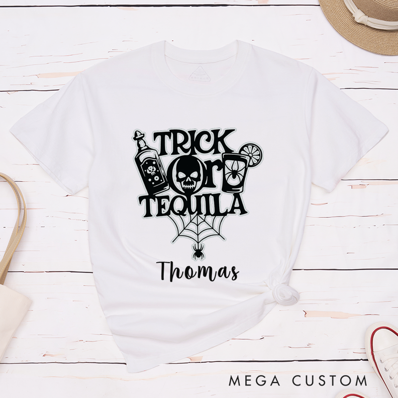 Personalized Halloween Trick or Teouila and Drink Witches Couple Funny Matching T-Shirt