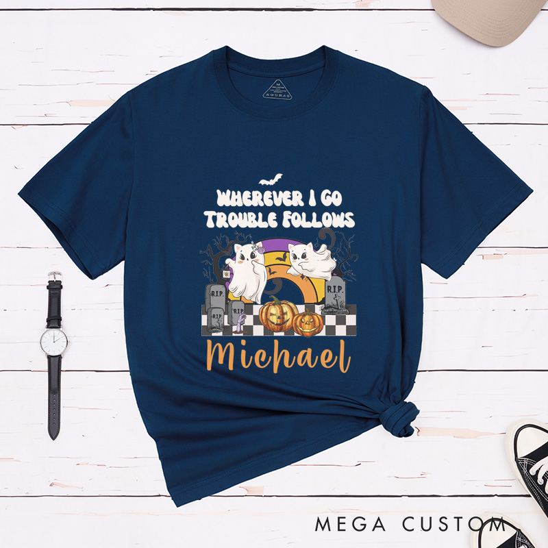 Personalized Cat Halloween Couple Matching Shirt Where I Go Trouble Follows Couple T-Shirt