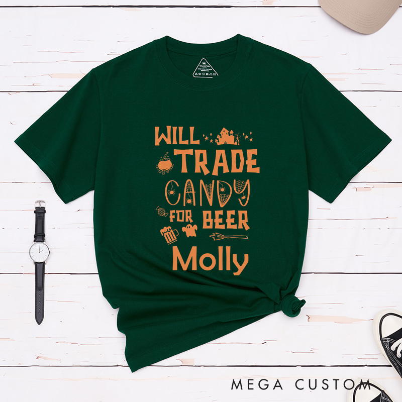 Personalized Will Trade Husband for Wine Will Trade Candy for Beer Halloween Couple Matching T-Shirt for Couple
