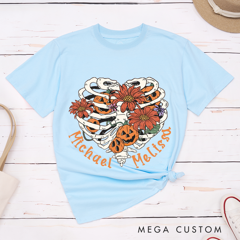 Personalized Heart Skull Pumpkin Couple Halloween T-Shirt 