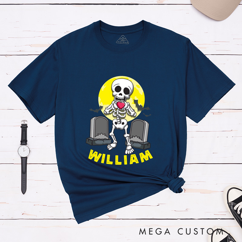 Personalized Couple Halloween Humorous Skull and Tombstone Matching T-Shirt 