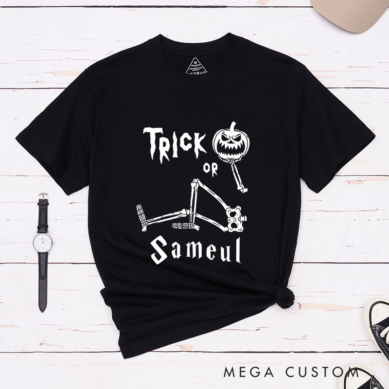 Personalized Halloween Trick or Treat Couple Matching Skeleton T-Shirt