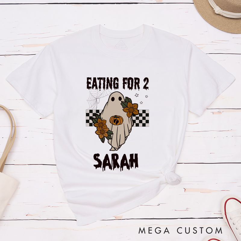 Personalized Eating for 2 and Drinking for 3 Pregnant Couple Humor Ghosts Halloween T-Shirt