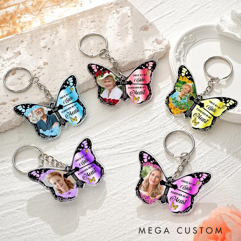 Personalized Photo Memorial Keychain Butterfly Keychain Once By My Side Forever in My Heart Cross Keychain Memorial Gift for Loss of Loved One 