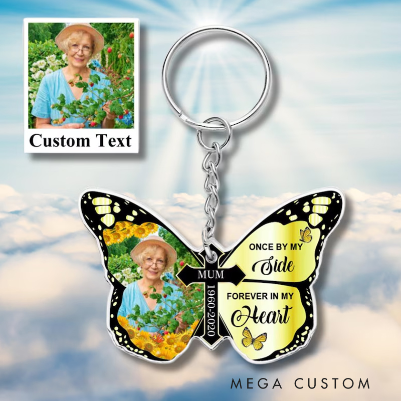 Personalized Photo Memorial Keychain Butterfly Keychain Once By My Side Forever in My Heart Cross Keychain Memorial Gift for Loss of Loved One 