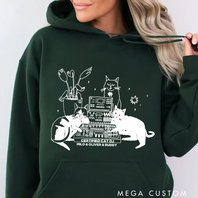 Personalized Classic Hoodies with Cat Sitting on Synthesizer and DJ Cat Illustration and Available in Multiple Colors