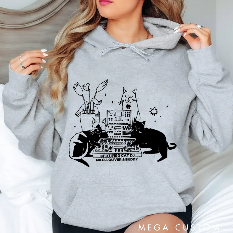 Personalized Classic Hoodies with Cat Sitting on Synthesizer and DJ Cat Illustration and Available in Multiple Colors