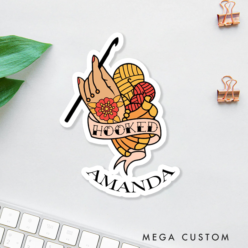 Personalized Crochet Sticker Funny Crochet Hooked Tattoo Flash Inspired Sticker Crochet Lover Gift