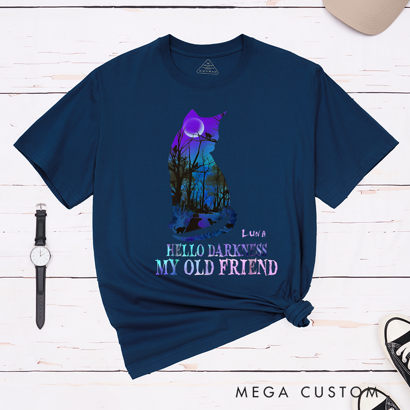 Personalized Classic T-Shirts Hello Darkness My Old Friend and Halloween Mystical Cat and Moonlit Forest Graphic T-Shirt