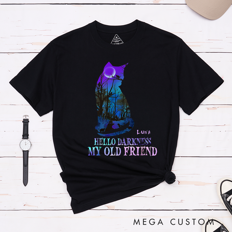 Personalized Classic T-Shirts Hello Darkness My Old Friend and Halloween Mystical Cat and Moonlit Forest Graphic T-Shirt