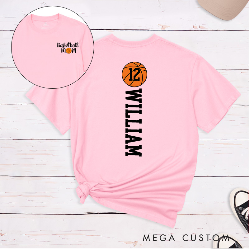 Personalized Oversized Basketball Mom T-Shirt with Custom Player Name Number and Stylish Front and Back Design