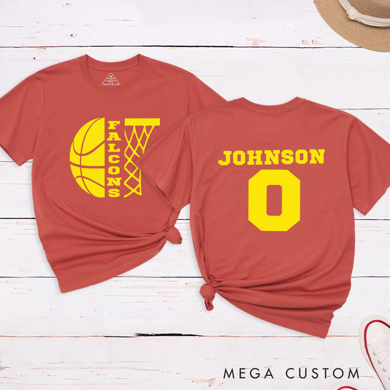 Personalized Basketball T-Shirt with Custom Team Name, Player Name, Number, and Hoop Graphic Design