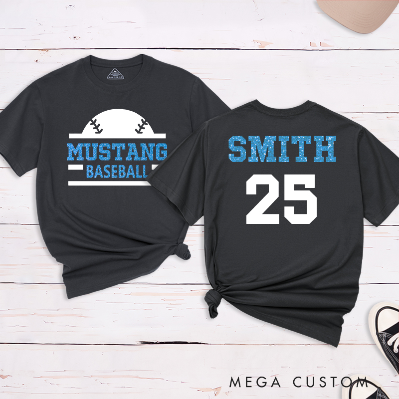 Personalized baseball T-shirt featuring a custom name and number designed for players and fans