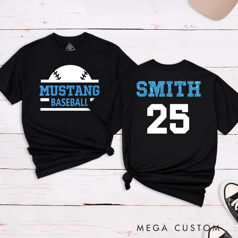 Personalized baseball T-shirt featuring a custom name and number designed for players and fans