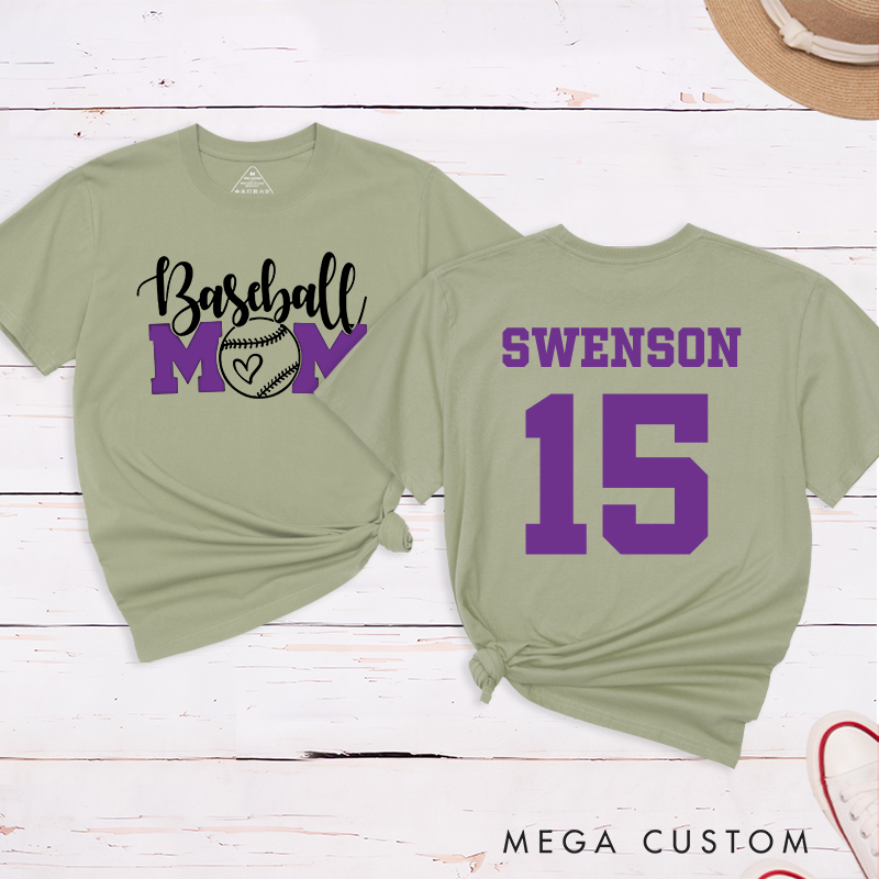 Personalized Baseball Mom T-Shirt with Heart-Inspired Design and Custom Name and Number