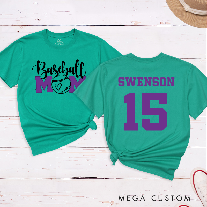 Personalized Baseball Mom T-Shirt with Heart-Inspired Design and Custom Name and Number