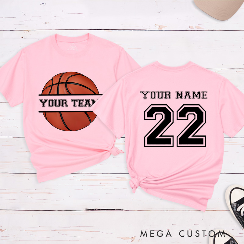 Personalized Basketball T-Shirt with Custom Team Name Player Name and Jersey Number Featuring a Classic Basketball Graphic