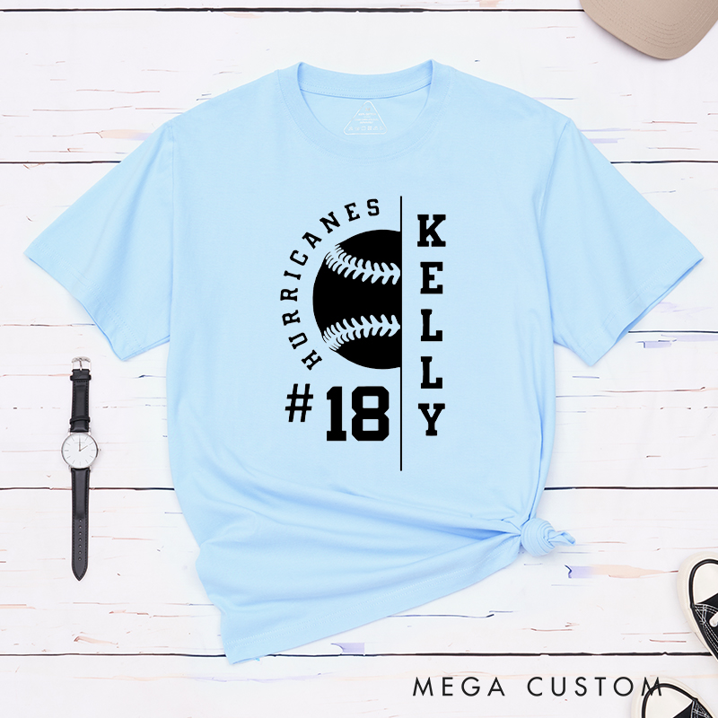 Personalized Baseball T-Shirt with Half Baseball Graphic and Custom Name and Number