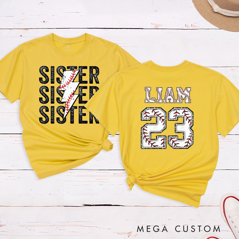 Personalized Baseball Sister T-Shirt with Lightning Stitch Design and Custom Name and Number