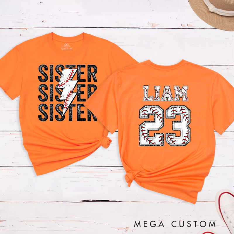 Personalized Baseball Sister T-Shirt with Lightning Stitch Design and Custom Name and Number