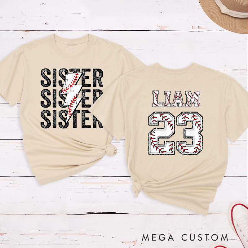 Personalized Baseball Sister T-Shirt with Lightning Stitch Design and Custom Name and Number