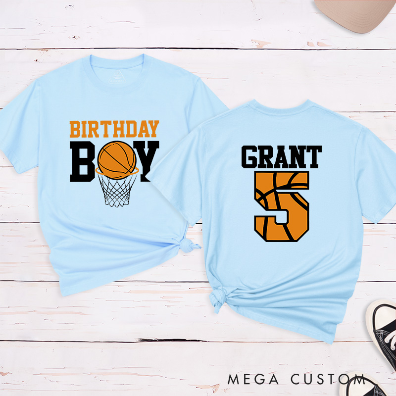 Personalized Birthday Basketball T-Shirt with Custom Name and Age Featuring a Fun Basketball and Hoop Design