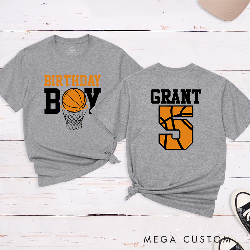 Personalized Birthday Basketball T-Shirt with Custom Name and Age Featuring a Fun Basketball and Hoop Design