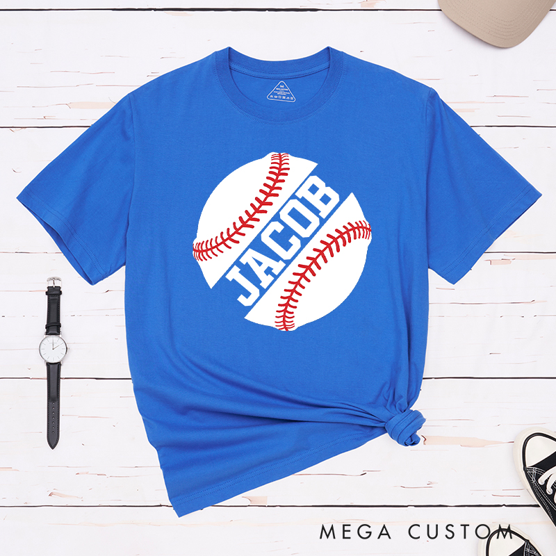 Personalized Game Day T-Shirt with Striking Half Baseball Art and Custom Text
