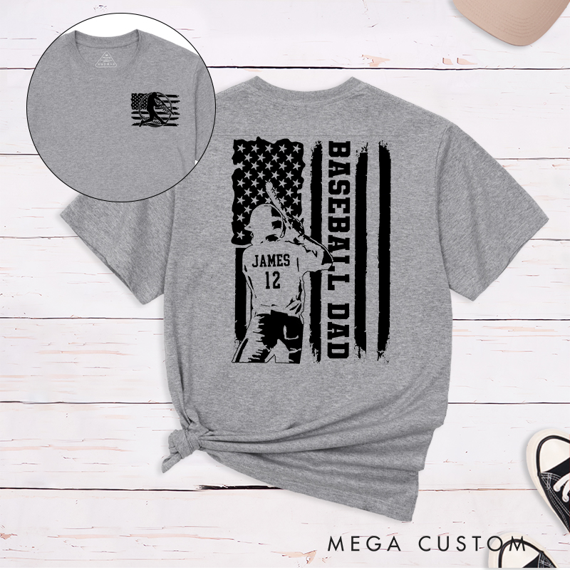 Personalized Baseball Dad T-Shirt with Patriotic Flag and Custom Name and Number
