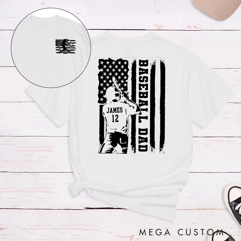 Personalized Baseball Dad T-Shirt with Patriotic Flag and Custom Name and Number