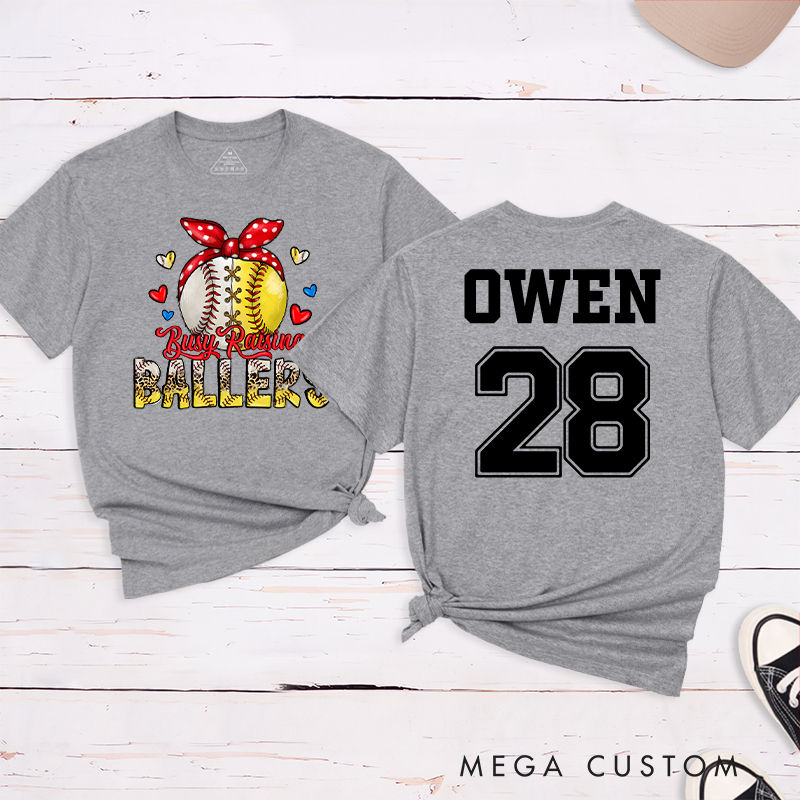 Personalized "Busy Raising Ballers" T-Shirt with Custom Name and Number  