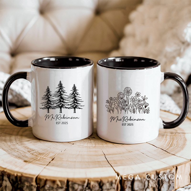 Personalized Nature-Themed Mr. & Mrs. Mugs Wife Husband Coffee Mug for Couple Wedding Groom Bride Ceramic Coffee Cup for Him Her