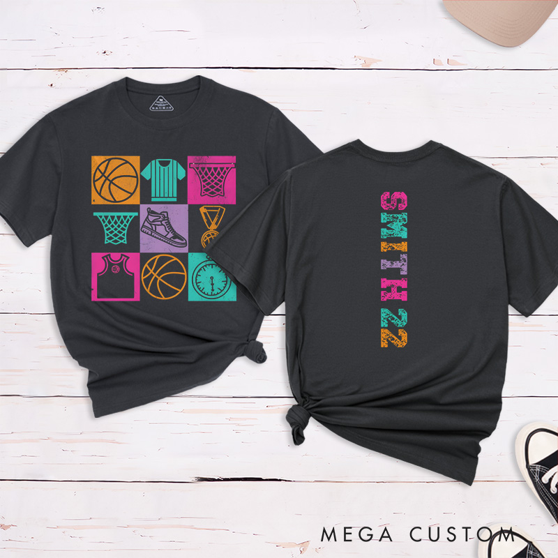 Personalized Basketball T-Shirt Design Featuring Colorful Sports-Themed Graphics on the Front with Customizable Name and Number on the Back