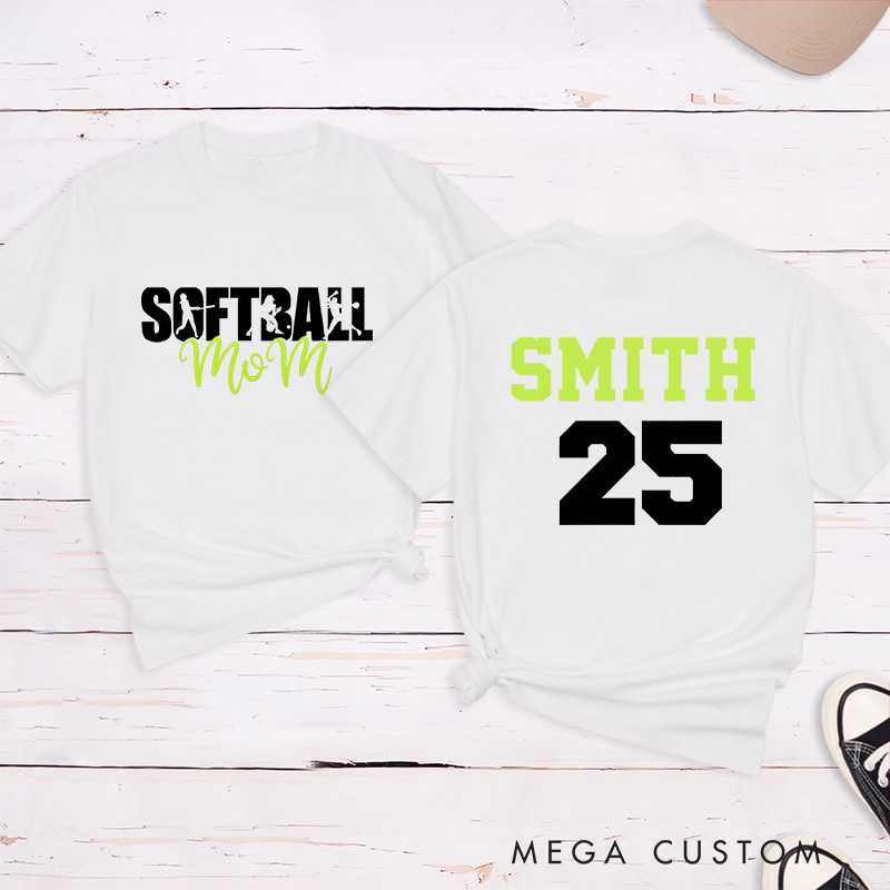 Personalized Softball Mom T-Shirt Design Featuring Bold Front Text with Stylish Script and Custom Name and Number on the Back