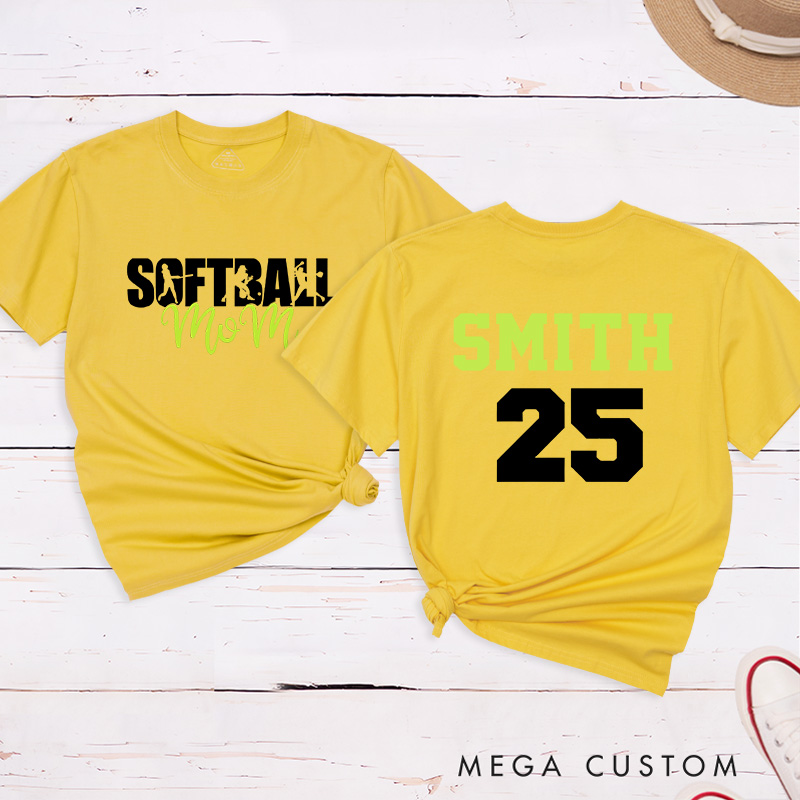 Personalized Softball Mom T-Shirt Design Featuring Bold Front Text with Stylish Script and Custom Name and Number on the Back