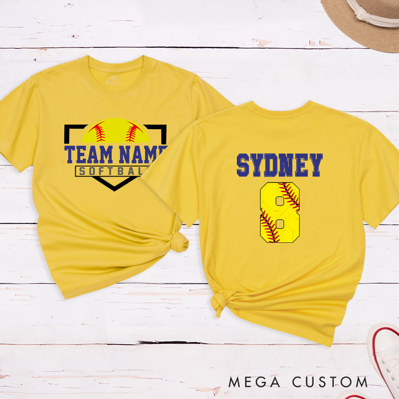 Personalized Softball T-Shirt Design Featuring Custom Team Name on the Front and Player Name with Jersey Number on the Back
