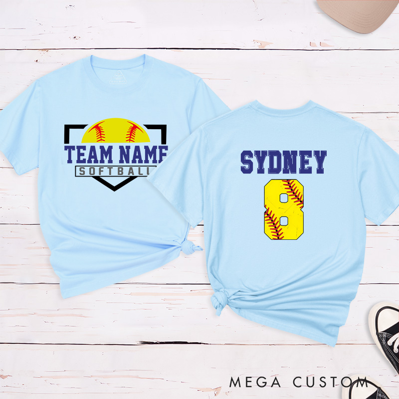 Personalized Softball T-Shirt Design Featuring Custom Team Name on the Front and Player Name with Jersey Number on the Back